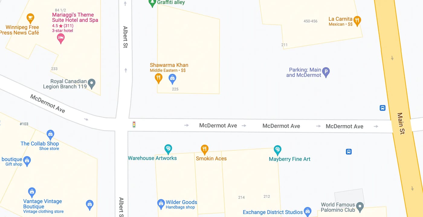 Map of 217 McDermot Ave at Albert St in Winnipeg's Exchange District